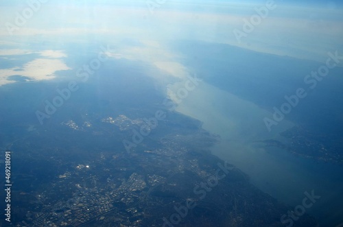 Bosphorus and Istanbul at morning from airliner view.Istanbule Bridge. Flight Dalaman - Kiev