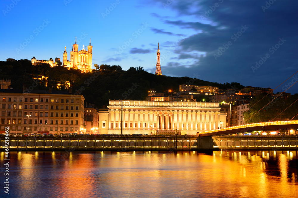 Courthouse and basilica at Lyon with citylights, France