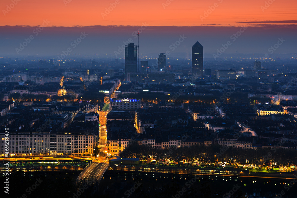Early morning, cityscape and streelights, Lyon, France