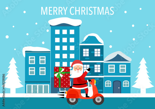 Santa Claus riding motorbike carrying gifts with falling snow and city building landscape on background in flat design. Merry Christmas concept vector illustration. Xmas holiday celebration.