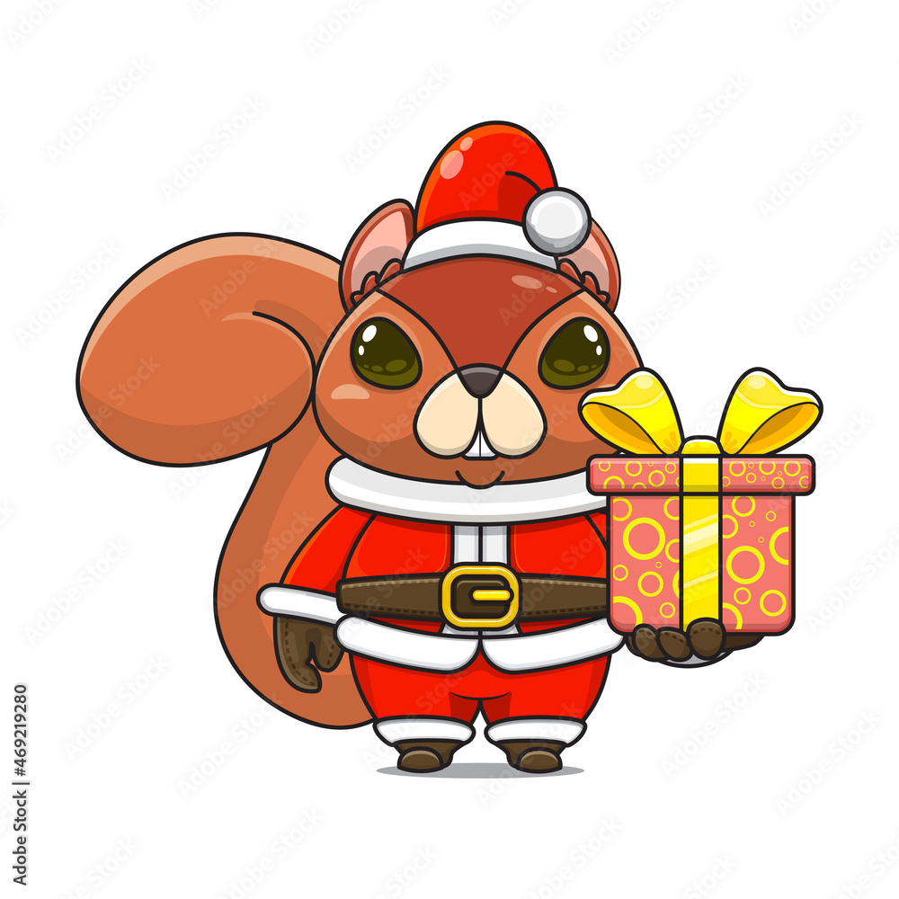 cute squirrel wearing santa costume and giving christmas gifts, cartoon animal mascot in christmas costume cute squirrel wearing santa costume and giving christmas gifts, cartoon animal mascot in christmas costume