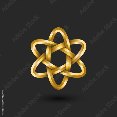 3d complex geometric shape made of 3 gold rings jewelry logo  overlapping of three golden oval orbits.