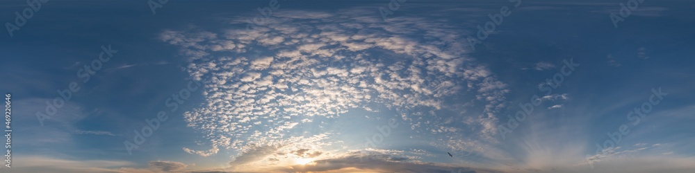 Fototapeta premium Dark blue sunset sky panorama with Cirrus clouds. Seamless hdr pano in spherical equirectangular format. Complete zenith for 3D visualization, game and sky replacement for aerial drone 360 panoramas.