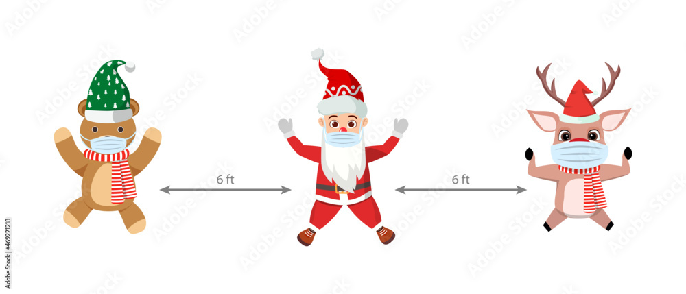 Cute beautiful Santa character brown bear reindeer character wearing Christmas outfit and facial mask and jumping on air sky Cute beautiful Santa character brown bear reindeer character wearing Christmas outfit and facial mask and jumping on air sky