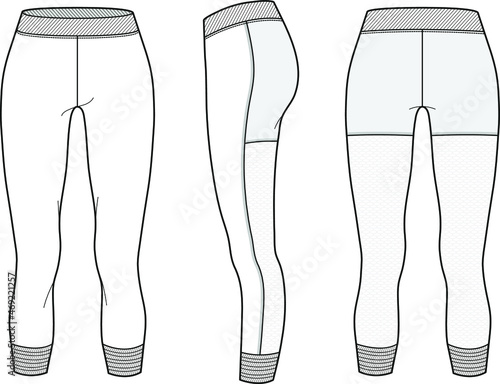 womens mesh tight capri pant flat sketch front and back view vector illustration