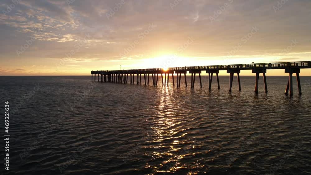 ML Pier And M.B. Miller County Pier, Fishing Pier During Sunset In Panama City Beach, Florida, USA. - aerial ML Pier And M.B. Miller County Pier, Fishing Pier During Sunset In Panama City Beach, Florida, USA. - aerial