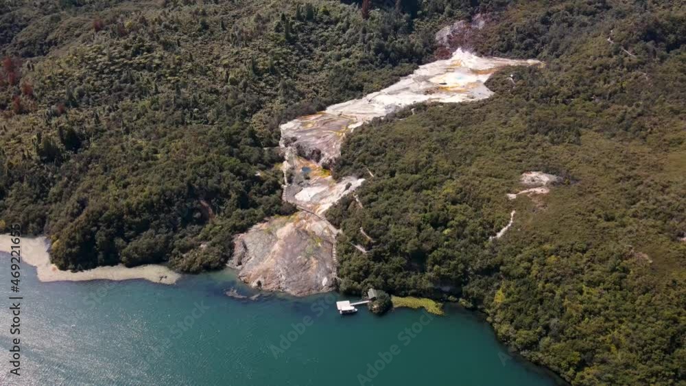 Panoramic View On Orakei Korako Geothermal Area, a tourist attraction in the Taupo Volcanic Zone, New Zealand - aerial drone shot