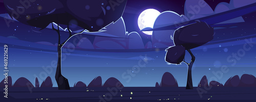 Summer landscape with grass, bushes and trees at night. Vector cartoon illustration of nature scene with spring lawn, fireflies, clouds, moon and stars in dark sky. Rural meadow in moonlight