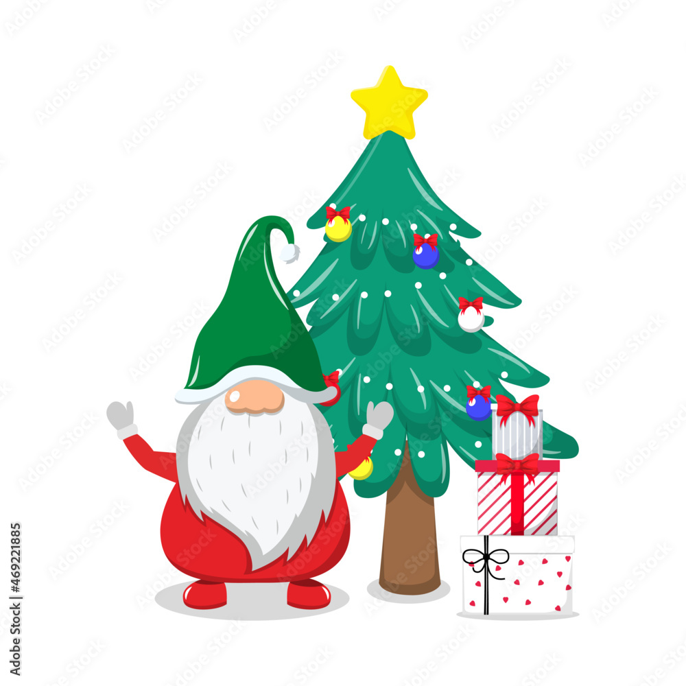 Cute beautiful Santa character wearing Christmas outfit and waving colorful and standing with gift boxes and with Christmas tree