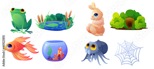 Animals with their habitats, spider and web, golden fish and aquarium. Vector cartoon set of cute wild animals with their home, frog, pond, rabbit and burrow isolated on white background