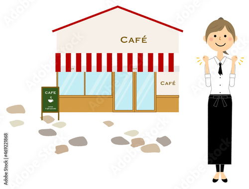 店前でガッツポーズするカフェスタッフ