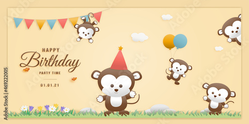 Cute birthday greeting card. jungle animals celebrate children's birthdays and template invitation paper cut and papercraft style vector illustration. Theme happy birthday.	