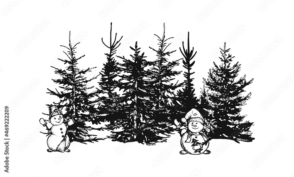 silhouettes of spruce. snowmen drawing. christmas trees sketch. snowmen waving his hand. tree line vector sketch. christmas trees. coniferous forest belt vector. vector illustration. hand drawing. eps