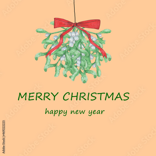 New Year's card in 2022. A bouquet of mistletoe tied with a ribbon. Wishes