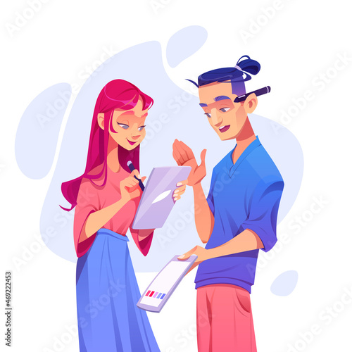 Designers working process, man and woman illustrators discuss project with tablet and color palette. Creative artist profession, characters painting design, graphic images, Cartoon vector illustration