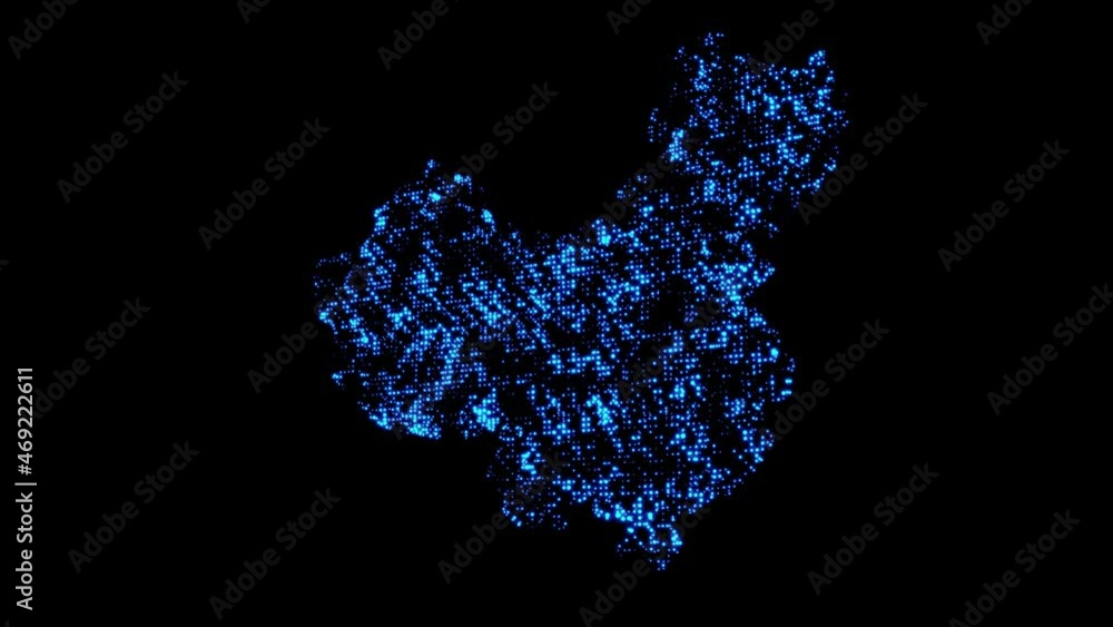 A map of the China country consisting of stars of shimmering blue particles on a black background. A map of the China country consisting of stars of shimmering blue particles on a black background.