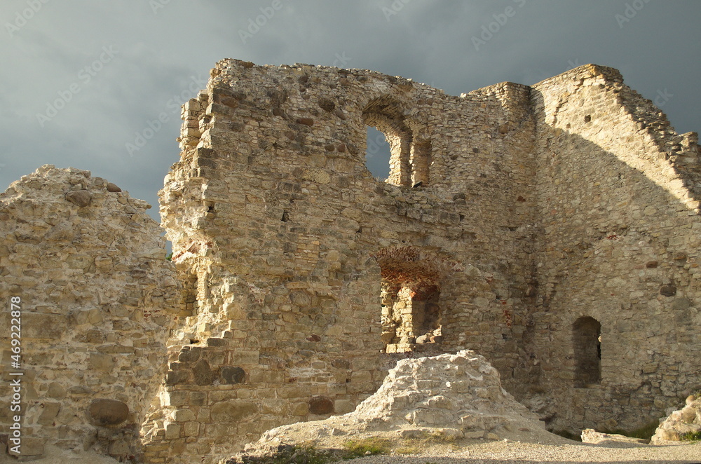 Old Koknese stone castle ruins with windows in summer day, Latvia.