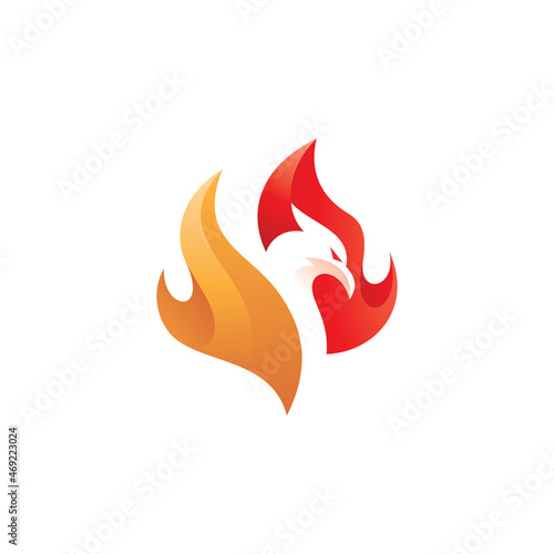 Negative space bird phoenix head and fire flame vector logo icon with modern gradient color style