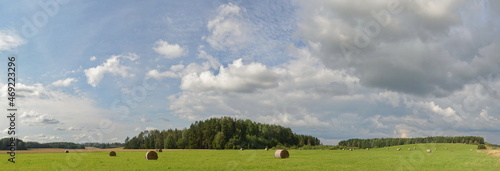 Meadow with hay rolls, green grass, forest, hill and clouds. photo