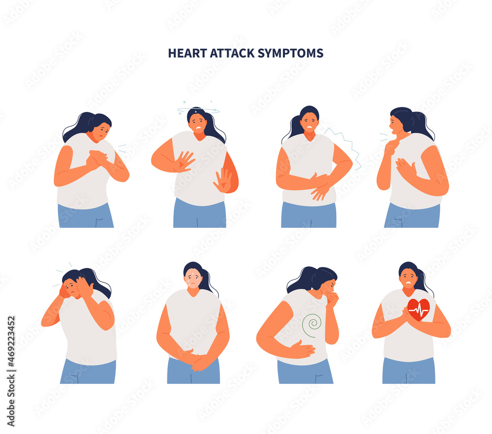 Girl suffering from heart attack symptoms. Myocardial infarction. Chest