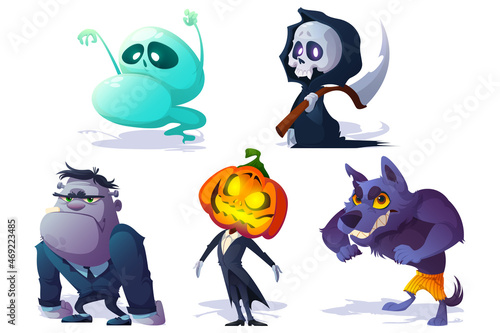 Scary Halloween characters and monsters. Jack pumpkin head, ghost, zombie, werewolf and death isolated on white background. Vector cartoon set of spooky magic creatures