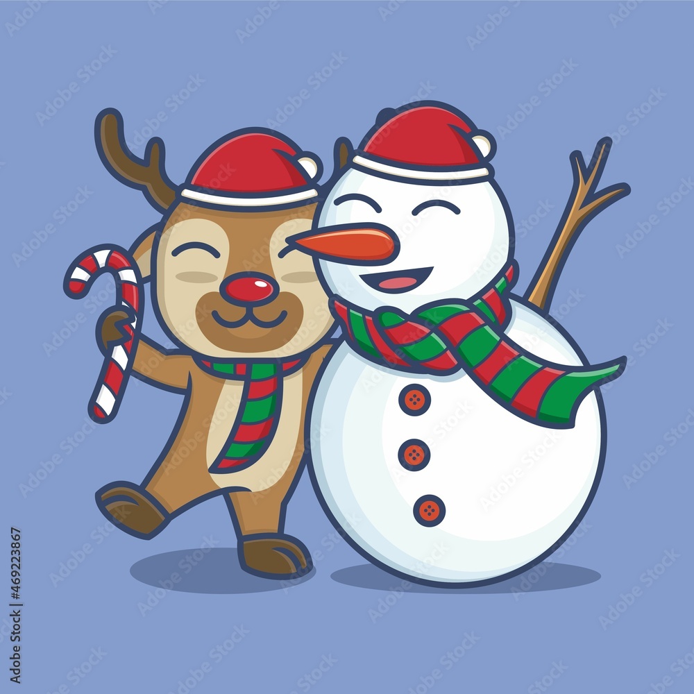 cute cartoon deer with snowman on christmas. vector illustration for mascot logo or sticker cute cartoon deer with snowman on christmas. vector illustration for mascot logo or sticker