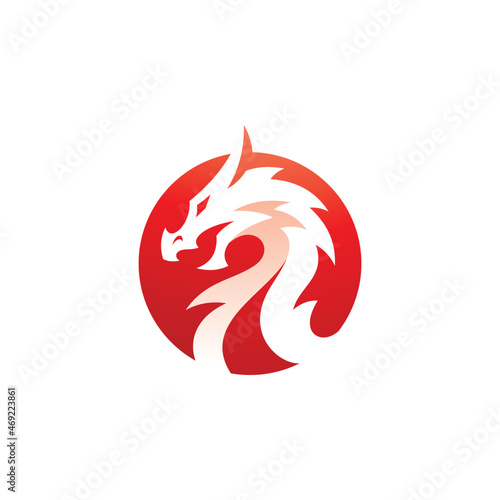 Negative space dragon head silhouette and circle logo vector icon