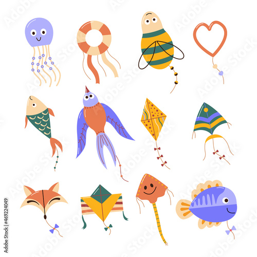 Cartoon flying kites set. Colorful elements of different shapes of air play. Octopus, bee, fish, bird, fox, heart. Kids paper kites for leisure with family in park or nature. Flat vector illustration