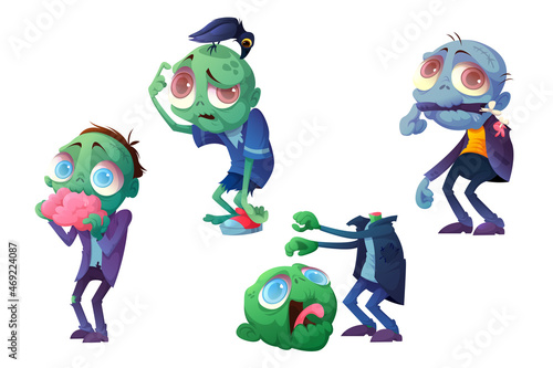 Scary zombie character in different poses isolated on white background. Vector cartoon set of creepy dead man eats brain, lost head and arm. Spooky Halloween undead monster