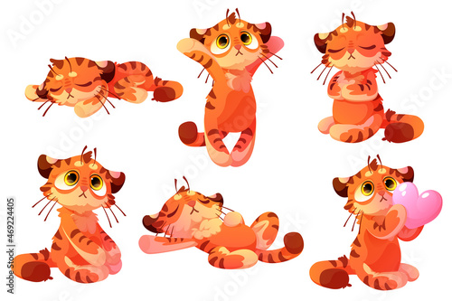 Set of plush tigers, baby toy, cute animal cub character, funny mascot with kawaii muzzle sleep on back, holding heart, sitting and lying. Cartoon wild kitten with orange striped skin, Vector icons