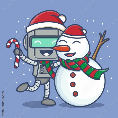 cute cartoon robot with snowman on christmas. vector illustration for mascot logo or sticker