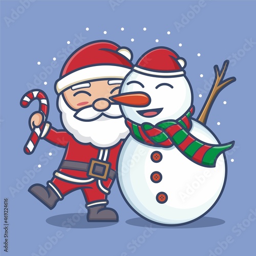 cute cartoon santa claus with snowman on christmas. vector illustration for mascot logo or sticker