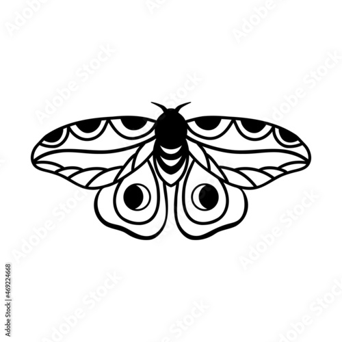 Night moth with crescent moon isolated on white . Hand drawn black celestial doodle moth vector.