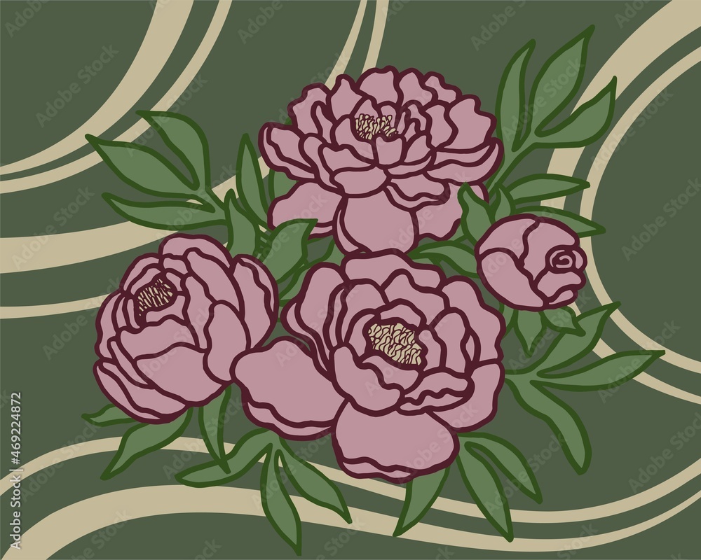 Peonies bouquet on abstract geometric pattern background. Simple vector green-pink-beige floral texture for carpets, flooring, mats etc Peonies bouquet on abstract geometric pattern background. Simple vector green-pink-beige floral texture for carpets, flooring, mats etc