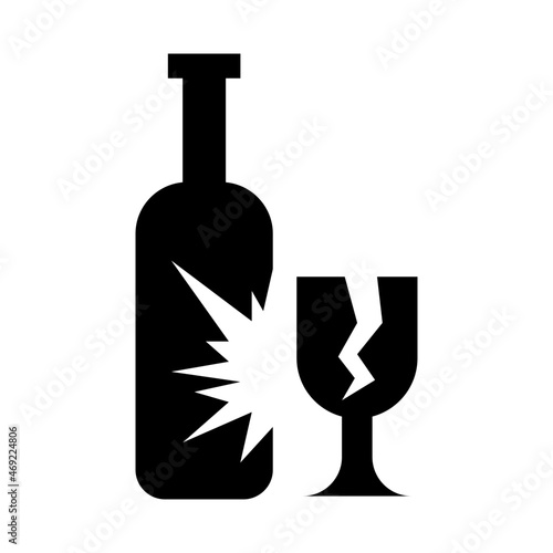 Broken glassware simple flat black and white icon. Vector silhouette of bottle and glass with cracks