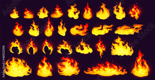 Burning fire collection, yellow and orange flame isolated on black background. Vector cartoon set of blaze of bonfire, torch or candle. Animation sprite sheet with flame burn