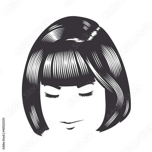 Woman face with vintage hairstyles for short hair vector line art illustration.