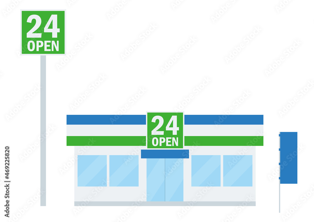 シンプルなお店のイラスト 24時間営業の看板のあるコンビニエンスストアの建物のイラスト アイコンconvenience store シンプルなお店のイラスト 24時間営業の看板のあるコンビニエンスストアの建物のイラスト アイコンconvenience store