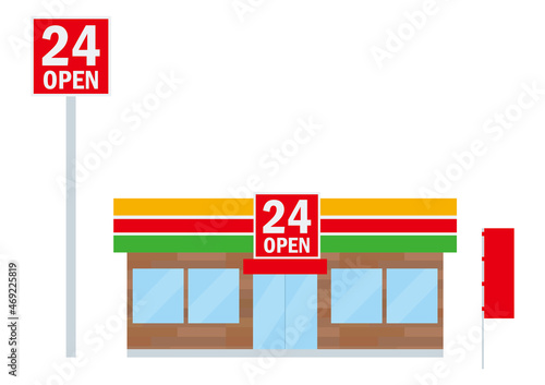 シンプルなお店のイラスト　24時間営業の看板のあるコンビニエンスストアの建物のイラスト　アイコンconvenience store