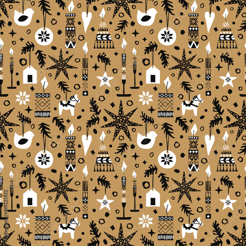 Vector monochrome seamless pattern in scandinavian folk style on transparent background. Perfect for christmas craft wrapping paper.