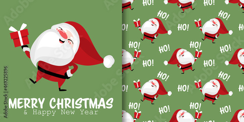 Christmas holiday season banner with Merry Christmas text and seamless pattern of santa clause hold a gift box and Ho! text on green background. Vector illustration. photo