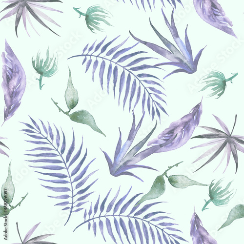 Watercolor seamless pattern  floral ornament border. Palm leaves  fern  wild plants  grass  flower. Beautiful design for fabric  paper. Vintage plants.Fashion art Tropical leaves.Garden herbs  leaves