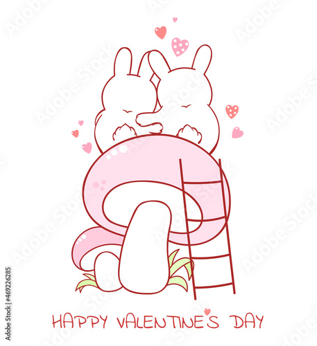 Cute Valentine card in kawaii style. Two lovely rabbits on mushroom. Inscription Happy Valentine's day. Can be used for greeting card, stickers design. Vector illustration EPS8