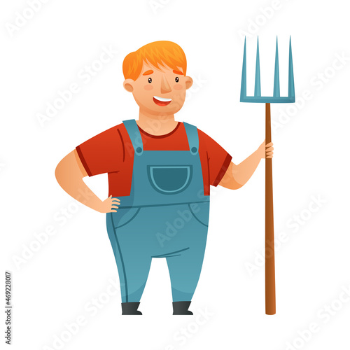 Man farmer character in overalls standing with fork cartoon vector illustration