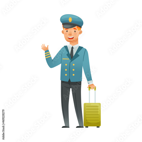 Man pilot character in blue uniform with suitcase cartoon vector illustration