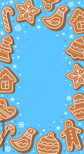 Beautiful winter vertical background with gingerbread and snowflakes. Festive template with Christmas cookies on blue background. Modern hand-drawn vector illustration in flat style.