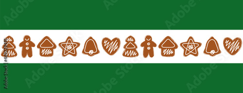 Decorative strip of Christmas gingerbread. Beautiful stylized new year border. Gingerbread Christmas cookies decorated icing. Isolated on a background. Cute hand drawn vector illustration.