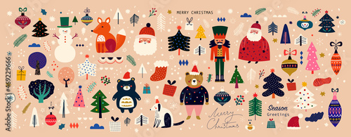 Christmas decorative banner with funny Santa Claus, nutcracker, gift boxes and many others. Big Christmas collection in Scandinavian style with traditional Christmas and New Year elements
