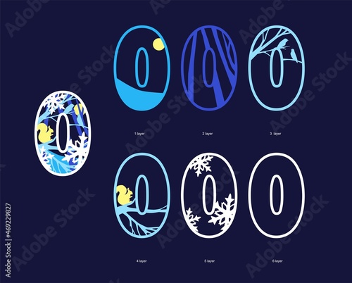 Number 0. Template for laser cut with layers. New Year and Christmas decoration