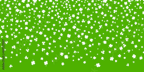 Shamrock or white clover leaves pattern background flat design vector illustration isolated on green background. St Patricks Day shamrock symbols decorative elements pattern.